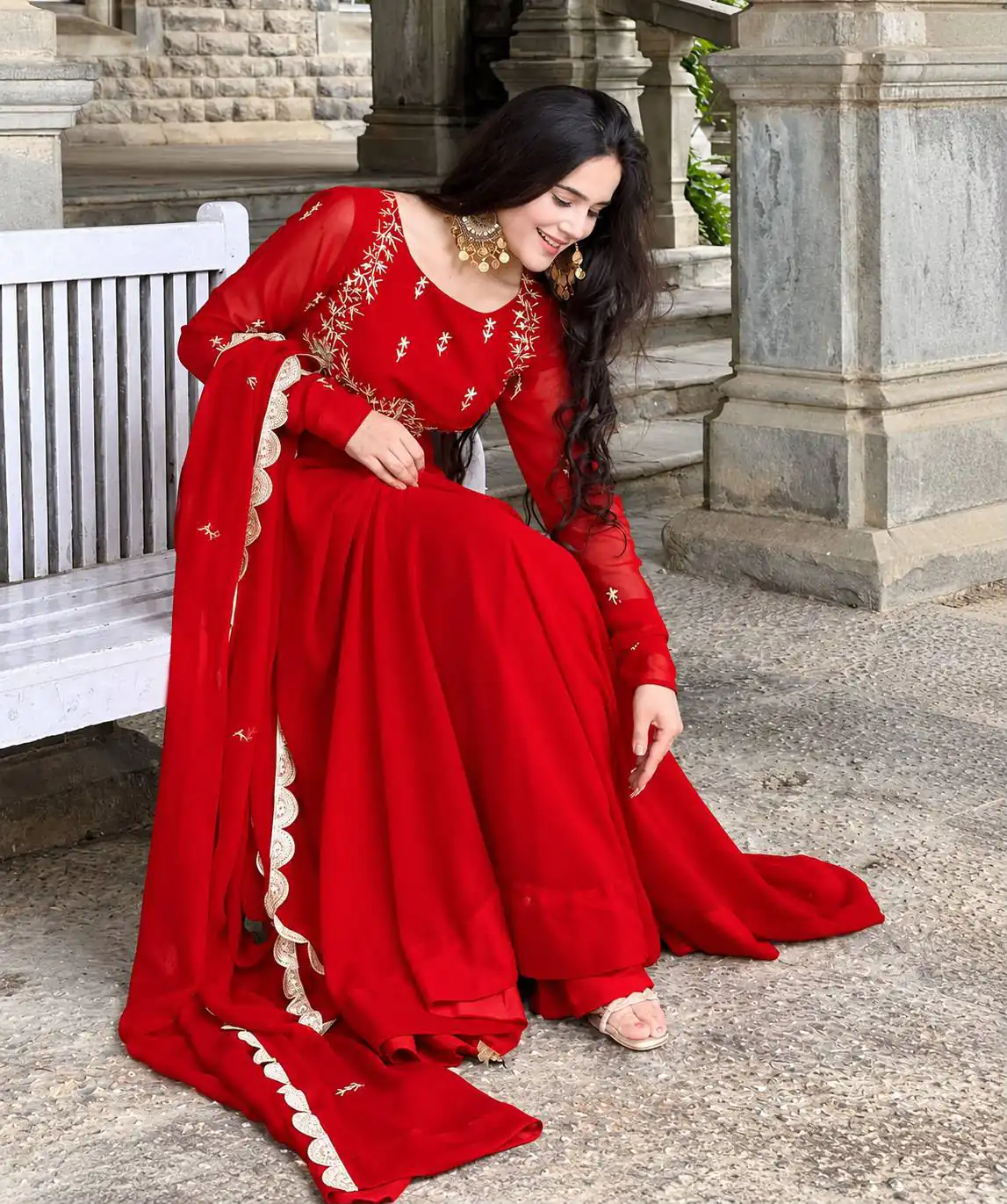 ZB 5078 Red Faux Georgette Gown with Mirror Work & Embroidery Work. Get it for ₹2199. Delivery 4-6 Working Days. Online Shop now. | Gowns, Bollywood Gowns, Creative Gowns, Designer Gowns, Embroidered Gowns, Party Wear Gowns
