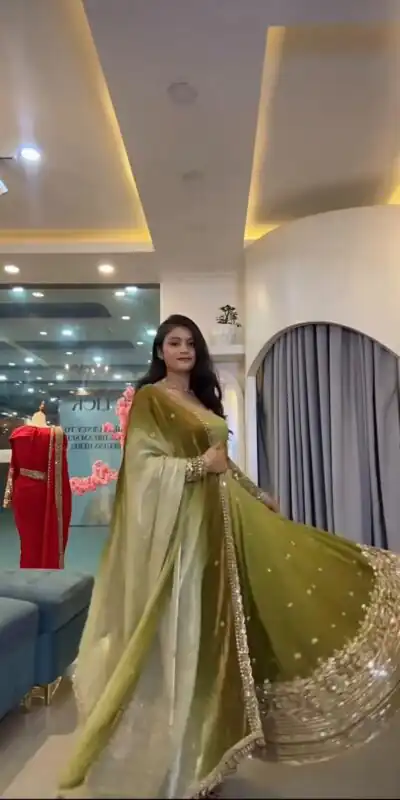 SR 1725 Mehendi Faux Georgette Gown with Mirror Work & Embroidery Work. Get it for ₹2449. Delivery 4-6 Working Days. Online Shop now. | Gowns, Bollywood Gowns, Creative Gowns, Designer Gowns, Embroidered Gowns, Party Wear Gowns