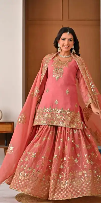 ND 5060 Peach Crunchy Silk Salwar Suit with Embroidery Work. Wedding, Party, Festive, Events Best Price ₹2999. Delivery 4-6 Working Days. Shop now. | Jump Suits, Salwar suit, Casual Suits, Creative suits, Designer Suits, Palazzo Suits, Party Wear Suits, Patiala Suits, Straight Suits