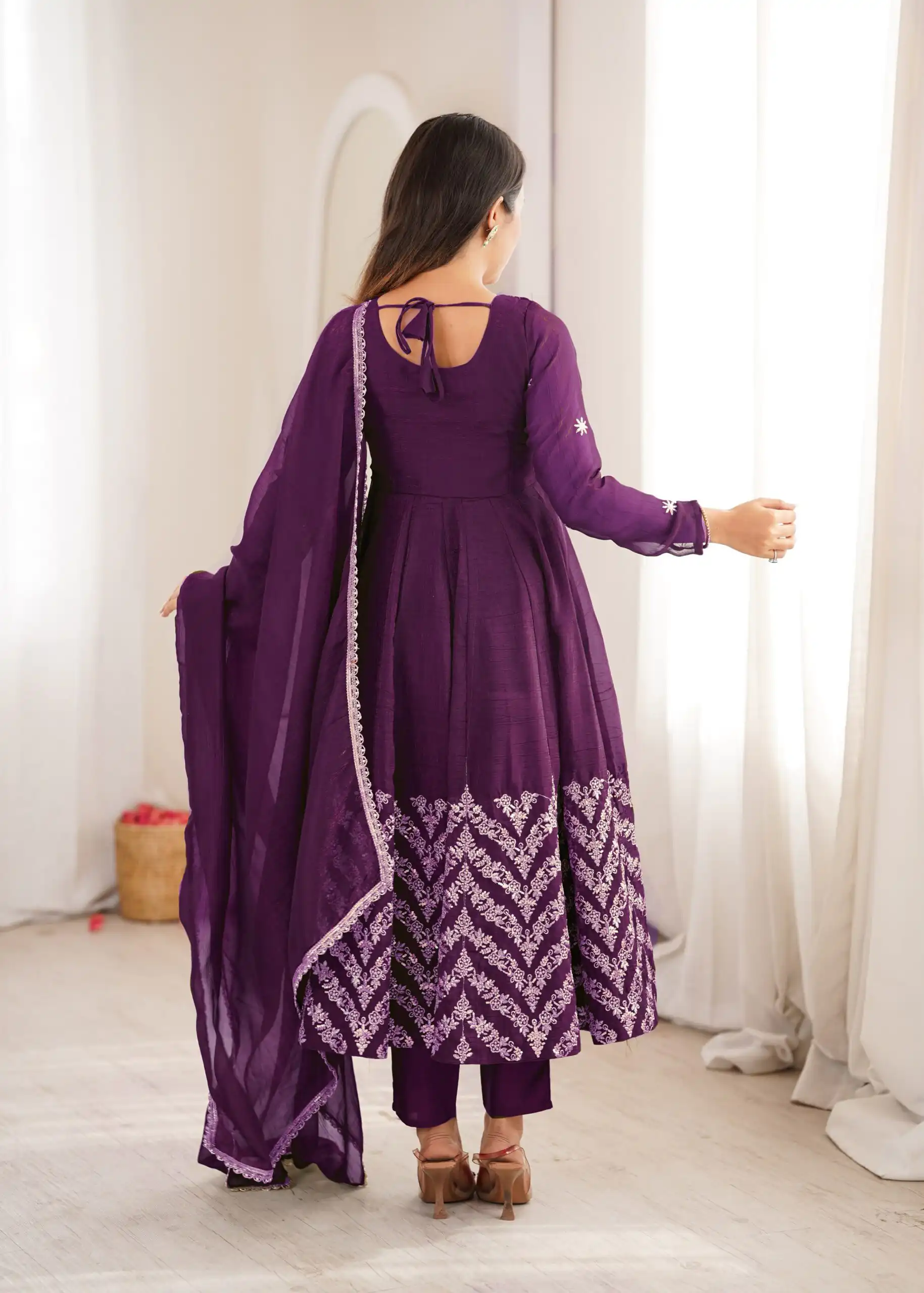 JF 050 Purple Embroidery Work & Sequins Work Salwar Suit in Peach Crunchy Silk. Festive Deal ₹2099. Delivery 4-6 Working Days. Shop now. | Anarkali Suits, Bollywood Anarkali, Creative-Anarkali, Designer Anarkali, Embroidered Anarkali, Party Wear Anarkali