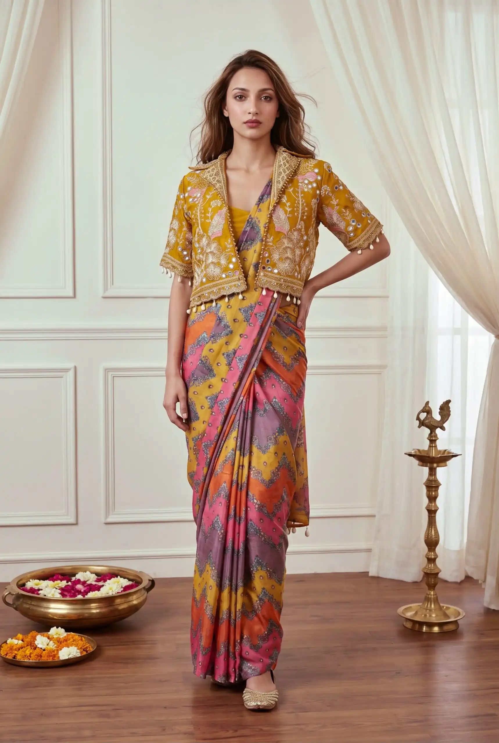Fancy Yellow Chinon Silk Mirror Embroidery Work Saree