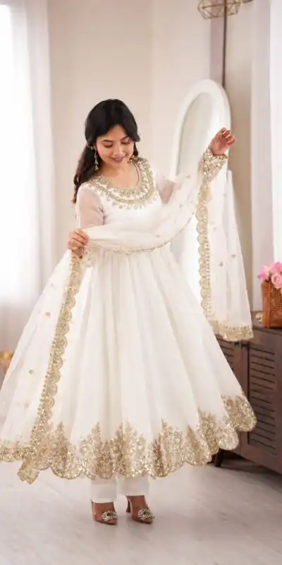 SR 1723 White Doremon Crush Gown with Lace Work & Mirror Work. Exclusive Offer ₹2449. Delivery 4-6 Working Days. Shop now. | Gowns, Bollywood Gowns, Creative Gowns, Designer Gowns, Embroidered Gowns, Party Wear Gowns