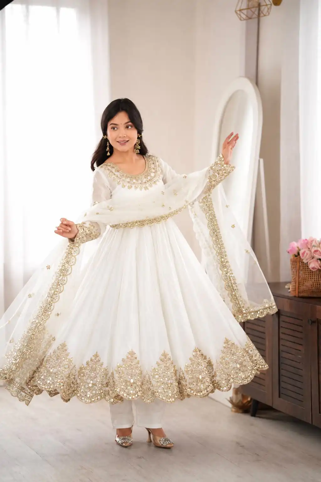 SR 1723 White Doremon Crush Gown with Lace Work & Mirror Work. Exclusive Offer ₹2449. Delivery 4-6 Working Days. Shop now. | Gowns, Bollywood Gowns, Creative Gowns, Designer Gowns, Embroidered Gowns, Party Wear Gowns