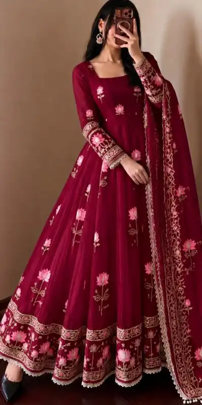 SR 1724 Maroon Faux Georgette Gown with Mirror Work & Embroidery Work. Get it for ₹2799. Delivery 4-6 Working Days. Online Shop now. | Gowns, Bollywood Gowns, Creative Gowns, Designer Gowns, Embroidered Gowns, Party Wear Gowns