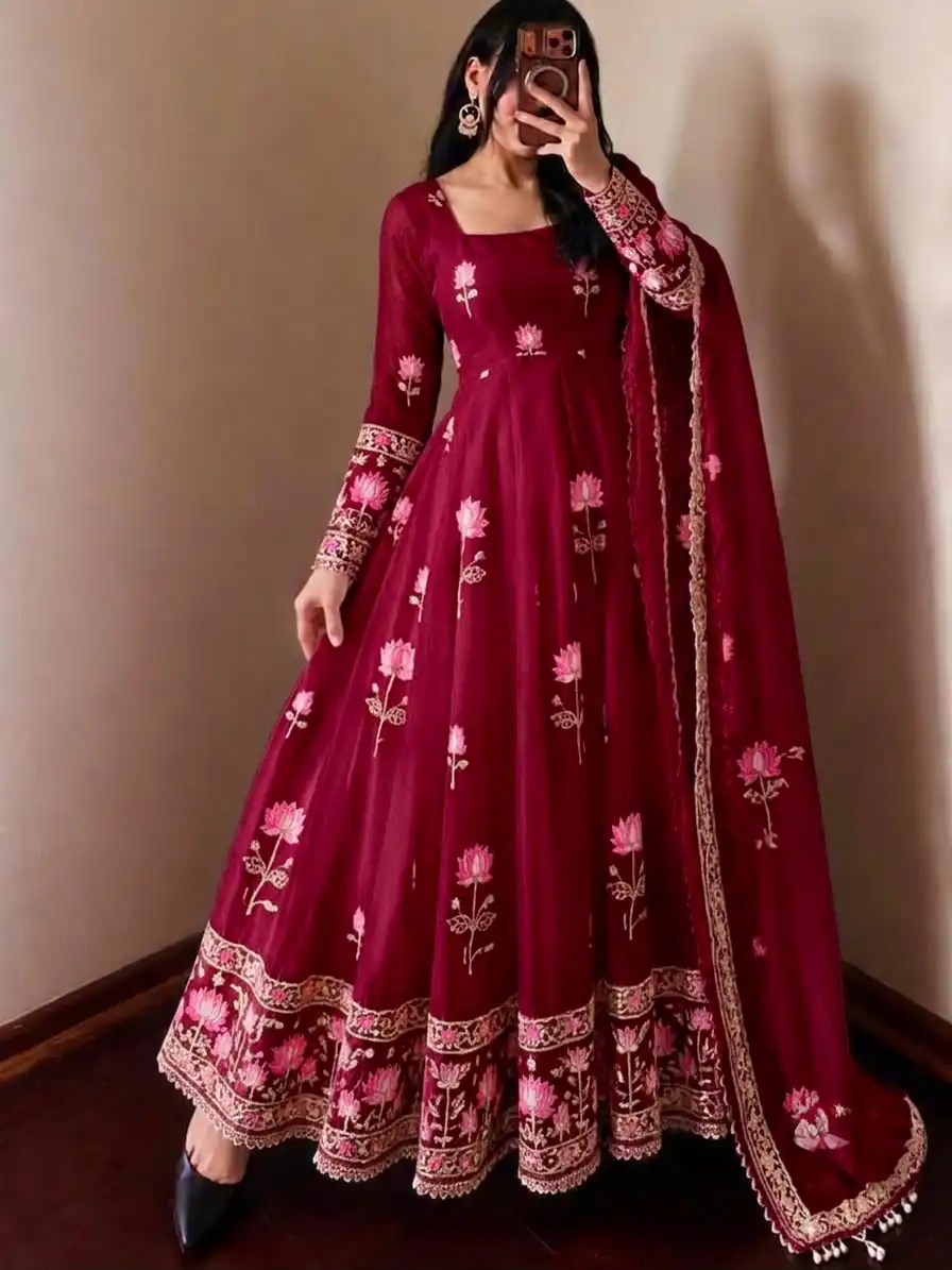 SR 1724 Maroon Faux Georgette Gown with Mirror Work & Embroidery Work. Get it for ₹2799. Delivery 4-6 Working Days. Online Shop now. | Gowns, Bollywood Gowns, Creative Gowns, Designer Gowns, Embroidered Gowns, Party Wear Gowns