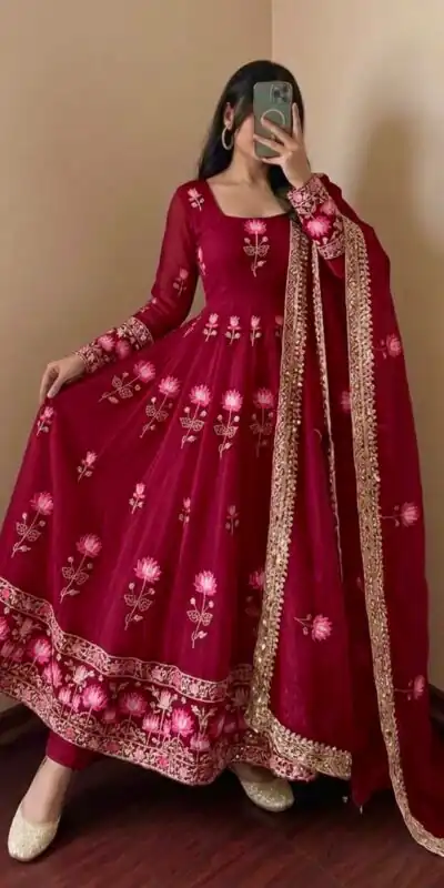 SR 1724 Maroon Faux Georgette Gown with Mirror Work & Embroidery Work. Get it for ₹2799. Delivery 4-6 Working Days. Online Shop now. | Gowns, Bollywood Gowns, Creative Gowns, Designer Gowns, Embroidered Gowns, Party Wear Gowns