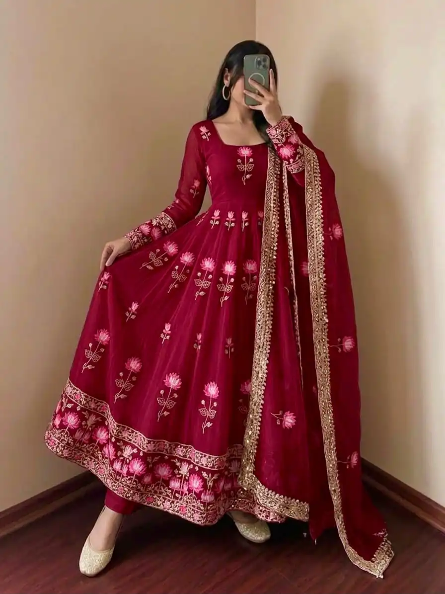 SR 1724 Maroon Faux Georgette Gown with Mirror Work & Embroidery Work. Get it for ₹2799. Delivery 4-6 Working Days. Online Shop now. | Gowns, Bollywood Gowns, Creative Gowns, Designer Gowns, Embroidered Gowns, Party Wear Gowns