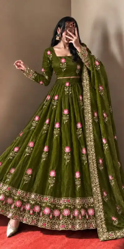 SR 1724 Mehendi Faux Georgette Gown with Mirror Work & Embroidery Work. Get it for ₹2799. Delivery 4-6 Working Days. Online Shop now. | Gowns, Bollywood Gowns, Creative Gowns, Designer Gowns, Embroidered Gowns, Party Wear Gowns