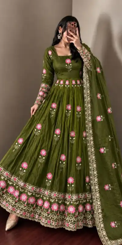 SR 1724 Mehendi Faux Georgette Gown with Mirror Work & Embroidery Work. Get it for ₹2799. Delivery 4-6 Working Days. Online Shop now. | Gowns, Bollywood Gowns, Creative Gowns, Designer Gowns, Embroidered Gowns, Party Wear Gowns