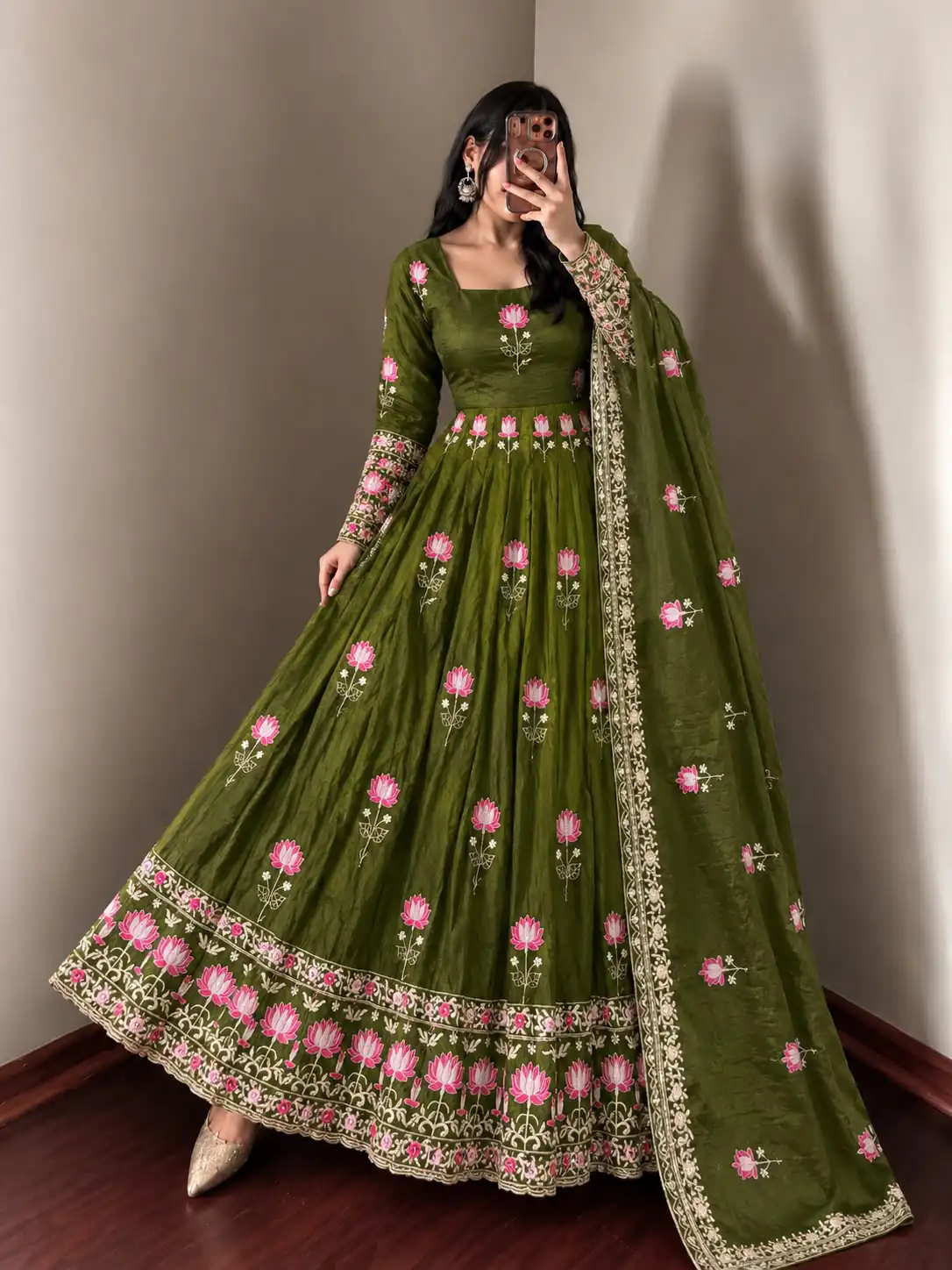 SR 1724 Mehendi Faux Georgette Gown with Mirror Work & Embroidery Work. Get it for ₹2799. Delivery 4-6 Working Days. Online Shop now. | Gowns, Bollywood Gowns, Creative Gowns, Designer Gowns, Embroidered Gowns, Party Wear Gowns