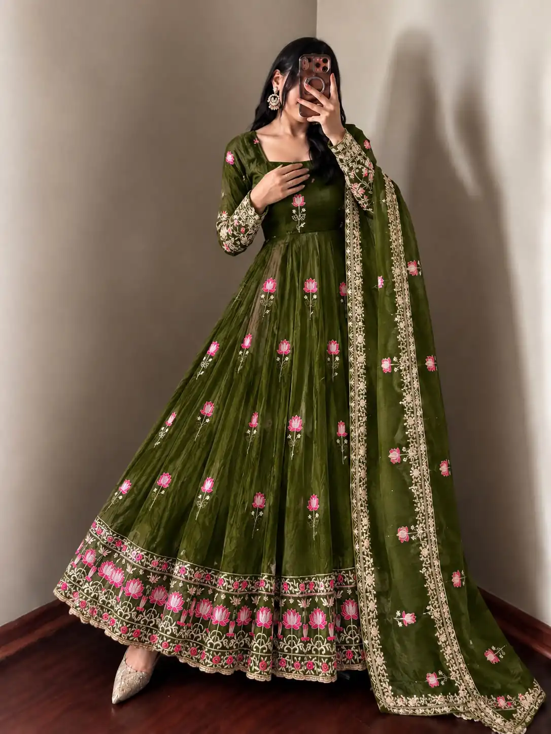 SR 1724 Mehendi Faux Georgette Gown with Mirror Work & Embroidery Work. Get it for ₹2799. Delivery 4-6 Working Days. Online Shop now. | Gowns, Bollywood Gowns, Creative Gowns, Designer Gowns, Embroidered Gowns, Party Wear Gowns