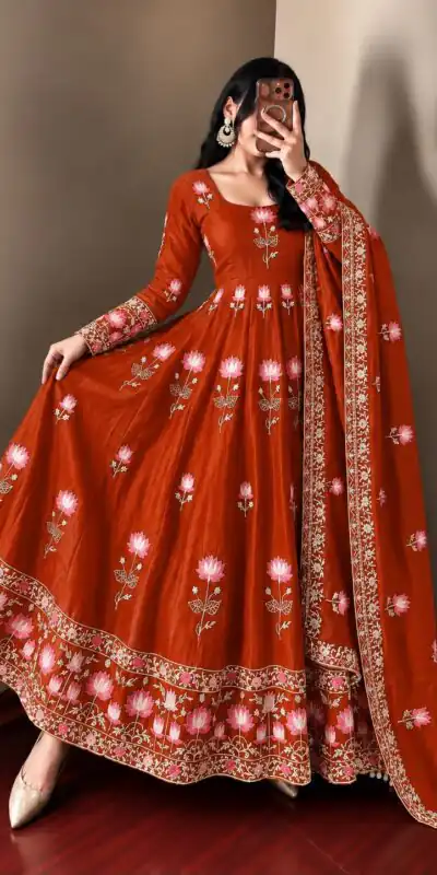 SR 1724 Rust Faux Georgette Gown with Mirror Work & Embroidery Work. Get it for ₹2799. Delivery 4-6 Working Days. Online Shop now. | Gowns, Bollywood Gowns, Creative Gowns, Designer Gowns, Embroidered Gowns, Party Wear Gowns