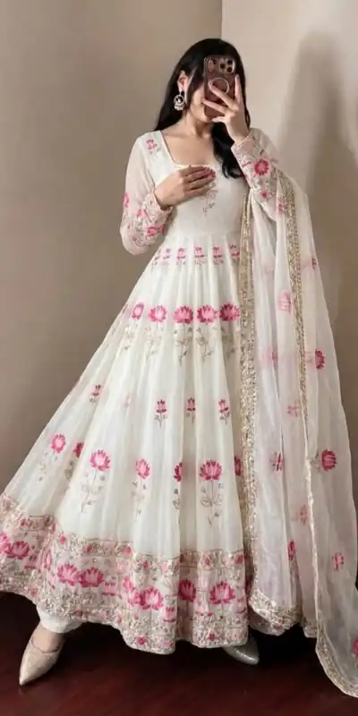 SR 1724 White Faux Georgette Gown with Mirror Work & Embroidery Work. Get it for ₹2799. Delivery 4-6 Working Days. Online Shop now. | Gowns, Bollywood Gowns, Creative Gowns, Designer Gowns, Embroidered Gowns, Party Wear Gowns