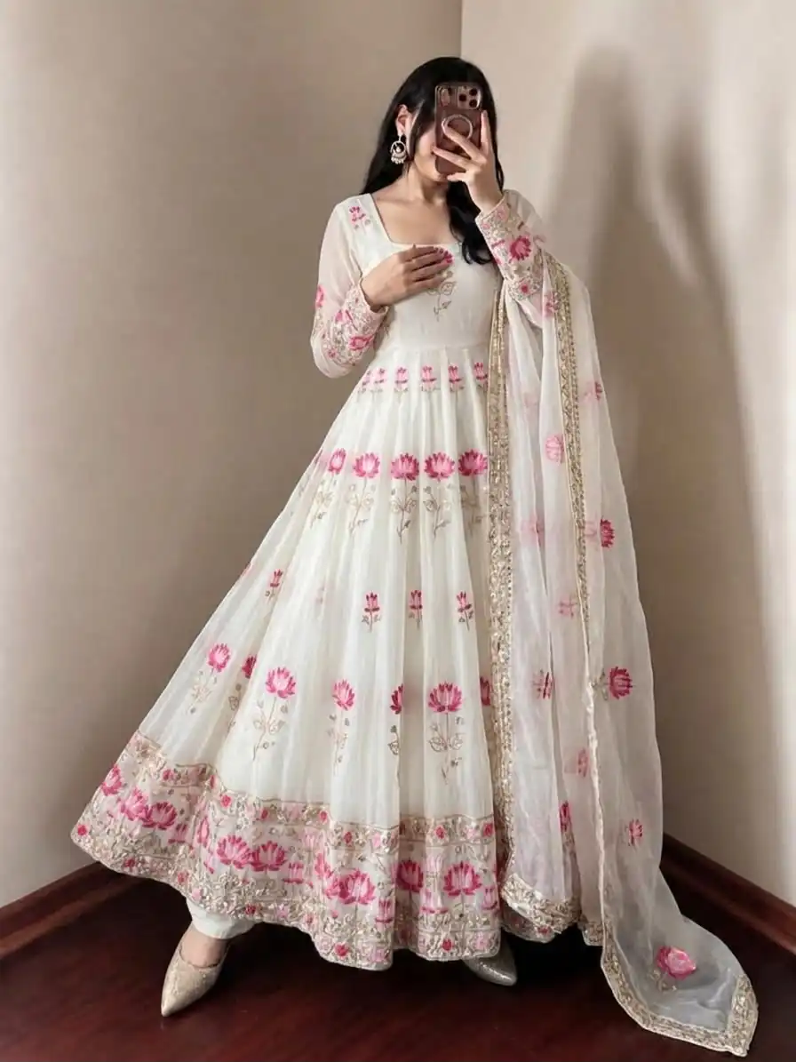 SR 1724 White Faux Georgette Gown with Mirror Work & Embroidery Work. Get it for ₹2799. Delivery 4-6 Working Days. Online Shop now. | Gowns, Bollywood Gowns, Creative Gowns, Designer Gowns, Embroidered Gowns, Party Wear Gowns