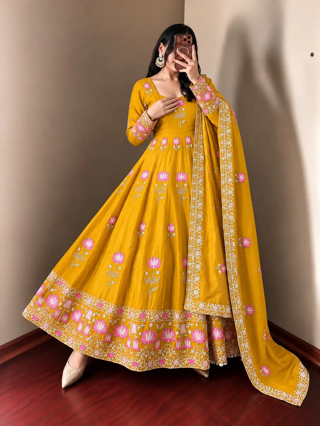 SR 1724 Yellow Faux Georgette Gown with Mirror Work & Embroidery Work. Get it for ₹2799. Delivery 4-6 Working Days. Online Shop now. | Gowns, Bollywood Gowns, Creative Gowns, Designer Gowns, Embroidered Gowns, Party Wear Gowns