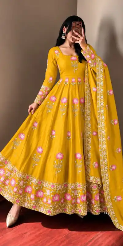 SR 1724 Yellow Faux Georgette Gown with Mirror Work & Embroidery Work. Get it for ₹2799. Delivery 4-6 Working Days. Online Shop now. | Gowns, Bollywood Gowns, Creative Gowns, Designer Gowns, Embroidered Gowns, Party Wear Gowns