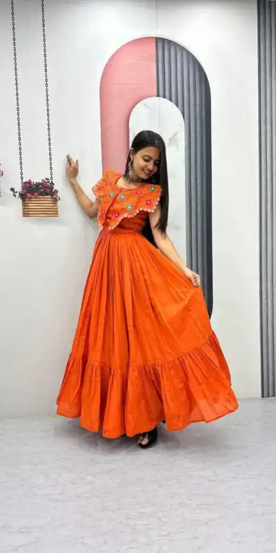 PC 571 Orange Roman Silk Gown with Mirror Work & Embroidery Work. Special Price ₹2099. Delivery 4-6 Working Days. Shop now. | Gowns, Bollywood Gowns, Creative Gowns, Designer Gowns, Embroidered Gowns, Party Wear Gowns