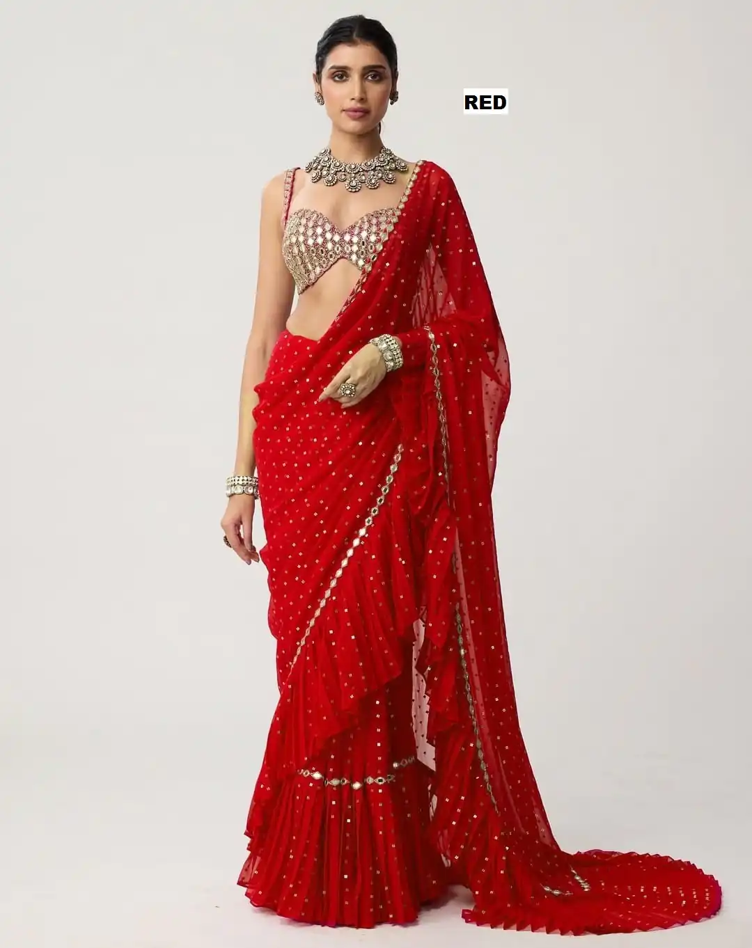 DF 3455 Red Color Faux Georgette Embroidery Sequins Work Saree Casual, Wedding, Festive, Events . Expected Delivery  4-6 Working Days @2199/- only                                                                                | Designer Sarees, Modern Digital sarees, Sarees, Bollywood Sarees, Creative Sarees, Embroidered Sarees, Ethnic Saree, Party Wear Sarees