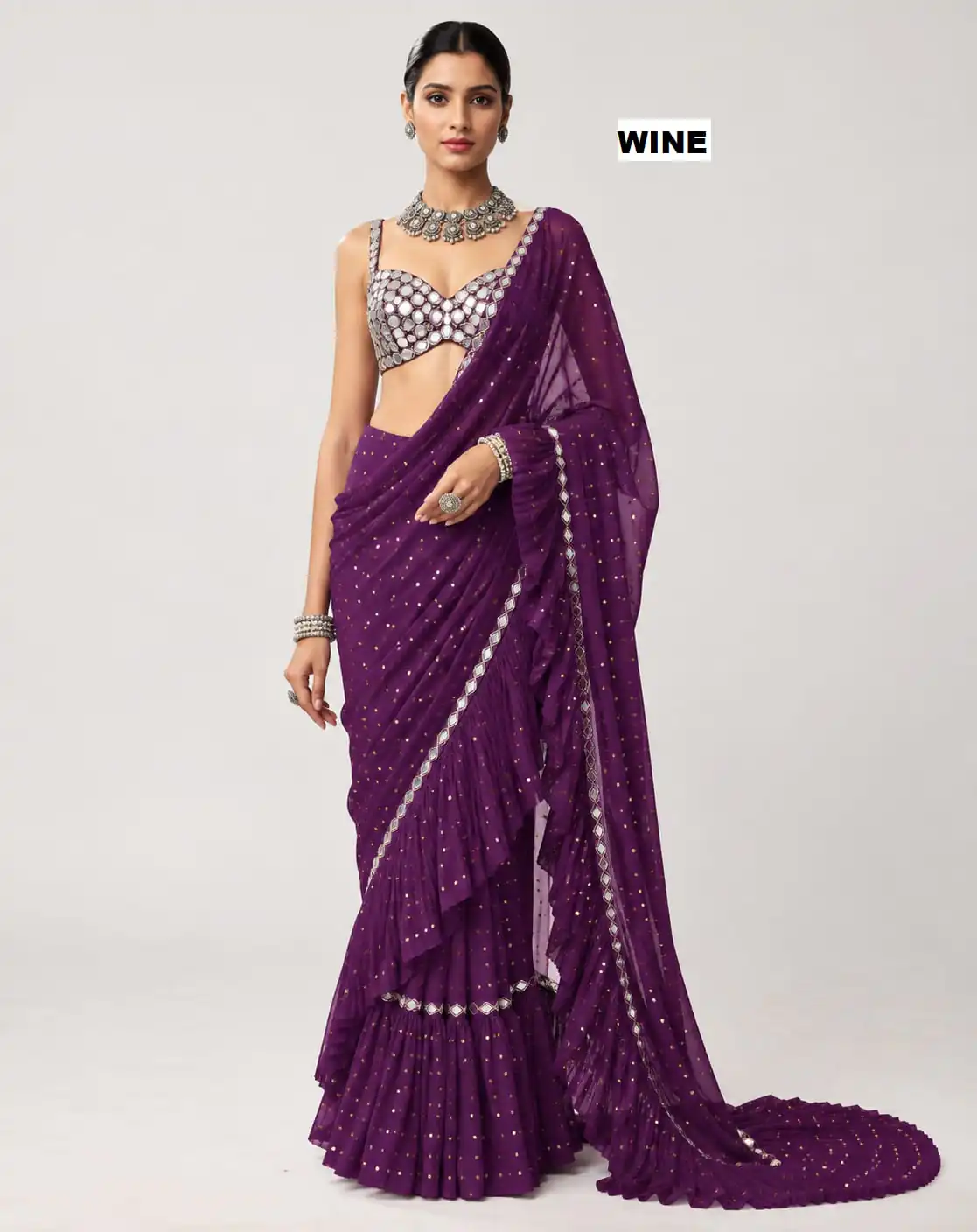 DF 3455 Wine Color Faux Georgette Embroidery Sequins Work Saree Casual, Wedding, Festive, Events . Expected Delivery  4-6 Working Days @2199/- only                                                                                | Designer Sarees, Modern Digital sarees, Sarees, Bollywood Sarees, Creative Sarees, Embroidered Sarees, Ethnic Saree, Party Wear Sarees