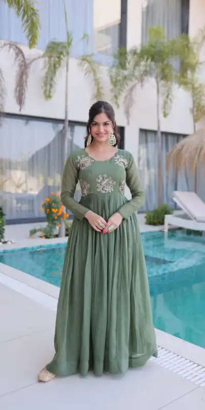 KA 1222 Pista Silver Crunchy Gown Perfect for Wedding, Party, Durga Puja, Ganesh Chaturthi, Family Gatherings – n. Festive Deal ₹1969. Delivery 4-6 Worki | Gowns, Bollywood Gowns, Creative Gowns, Designer Gowns, Embroidered Gowns, Party Wear Gowns