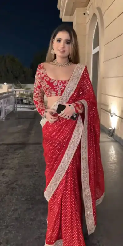 KD 626 Red in Faux Georgette Zari Work & Embroidery Work Saree. Special Price ₹2349. Delivery 4-6 Working Days. Shop now. | Designer Sarees, Modern Digital sarees, Sarees, Bollywood Sarees, Creative Sarees, Embroidered Sarees, Ethnic Saree, Party Wear Sarees