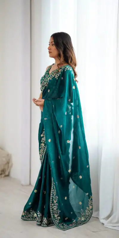 SP 89 Teal Color Fendy Silk Saree With Sequins Work. Wedding, Party, Festive, Events Get it for ₹1799. Delivery 4-6 Working Days. Online Best Shop now. | Designer Sarees, Modern Digital sarees, Sarees, Bollywood Sarees, Creative Sarees, Embroidered Sarees, Ethnic Saree, Party Wear Sarees