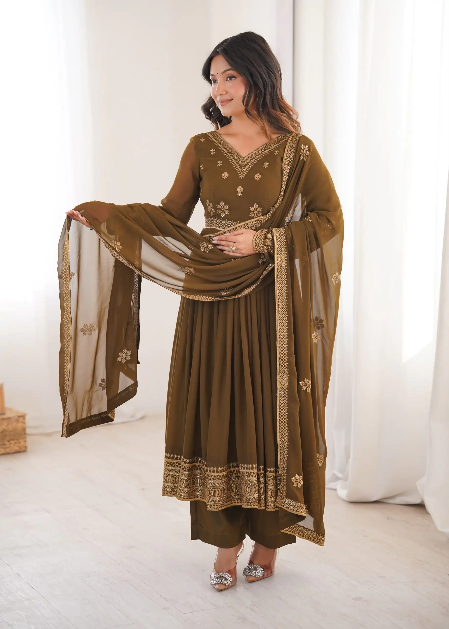 SP 104 Brown| Faux Georgette Salwar Suit with Lace Work & Digital Print. Introductory Price ₹2799. Delivery 4-6 Working Days. Shop now. | Anarkali Suits, Bollywood Anarkali, Creative-Anarkali, Designer Anarkali, Embroidered Anarkali, Party Wear Anarkali
