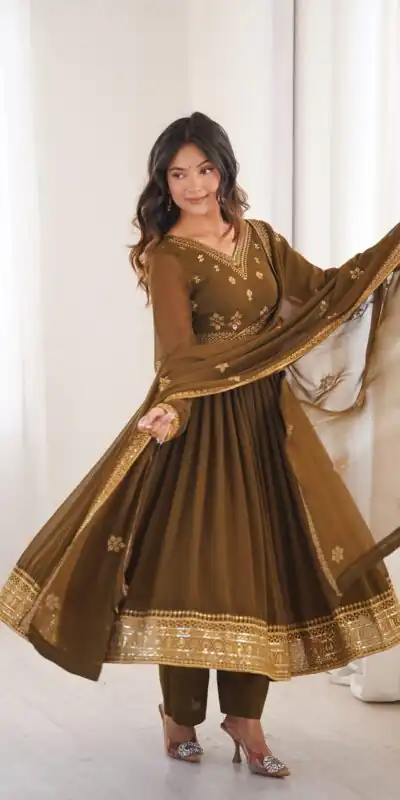 SP 104 Brown| Faux Georgette Salwar Suit with Lace Work & Digital Print. Introductory Price ₹2799. Delivery 4-6 Working Days. Shop now. | Anarkali Suits, Bollywood Anarkali, Creative-Anarkali, Designer Anarkali, Embroidered Anarkali, Party Wear Anarkali