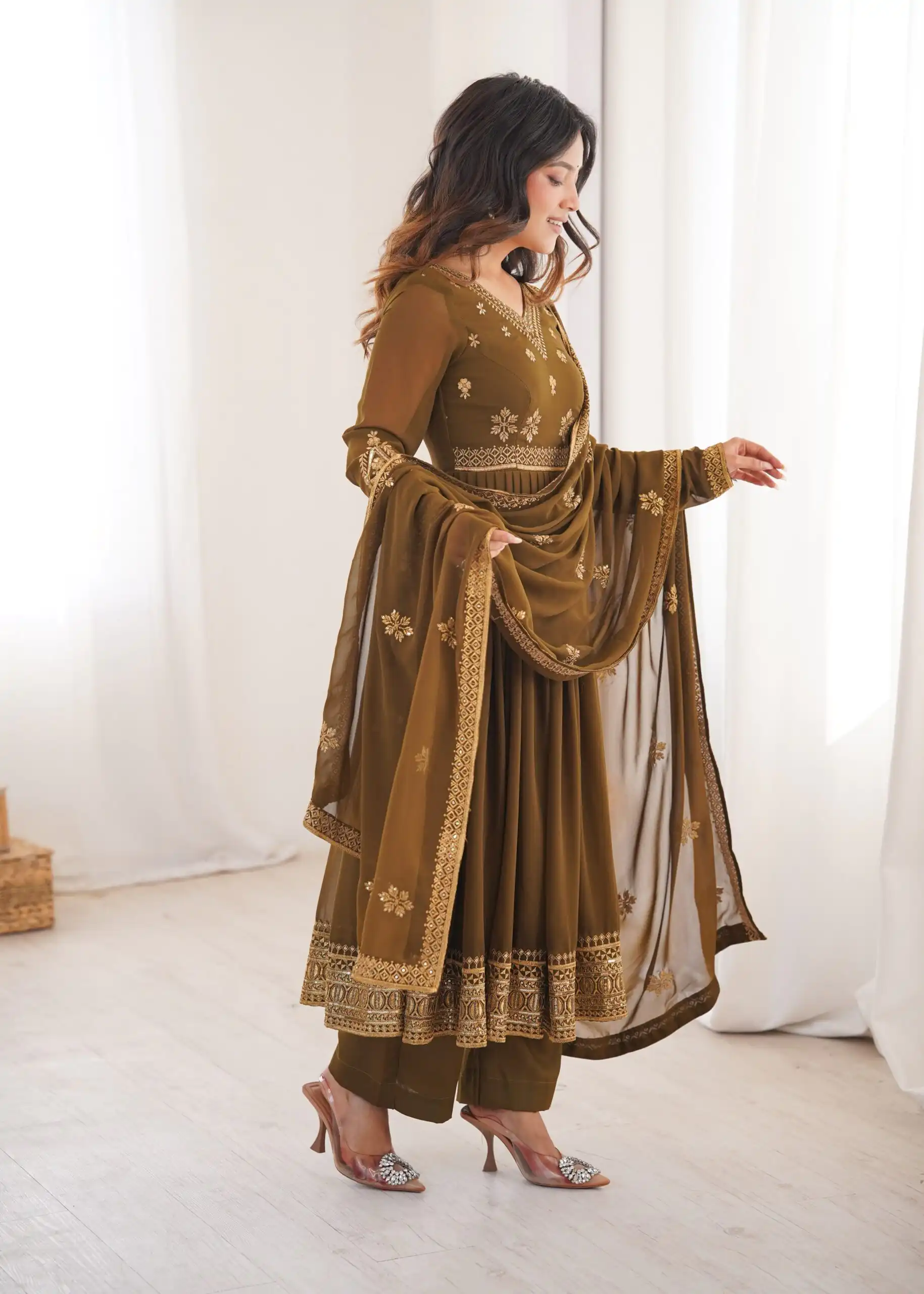 SP 104 Brown| Faux Georgette Salwar Suit with Lace Work & Digital Print. Introductory Price ₹2799. Delivery 4-6 Working Days. Shop now. | Anarkali Suits, Bollywood Anarkali, Creative-Anarkali, Designer Anarkali, Embroidered Anarkali, Party Wear Anarkali