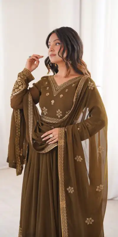 SP 104 Brown| Faux Georgette Salwar Suit with Lace Work & Digital Print. Introductory Price ₹2799. Delivery 4-6 Working Days. Shop now. | Anarkali Suits, Bollywood Anarkali, Creative-Anarkali, Designer Anarkali, Embroidered Anarkali, Party Wear Anarkali