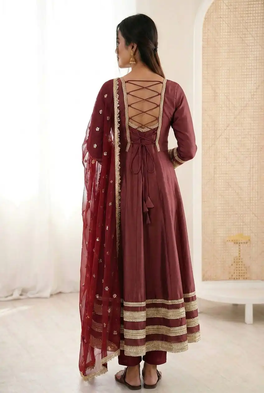 ZF 5017 Maroon Color Cosmos Gold Gown with Embroidery Work & Lace Work. Get it for ₹2099. Delivery 4-6 Working Days. Shop now. | Gowns, Bollywood Gowns, Creative Gowns, Designer Gowns, Embroidered Gowns, Party Wear Gowns