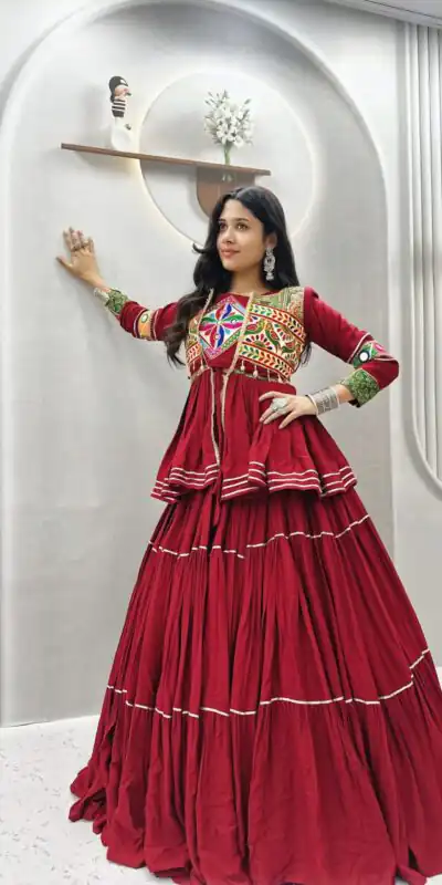 Ram 120 Maroon in Pure Cotton Mirror Work & Gamthi Work Lehenga Choli . Exclusive Offer ₹3049. Delivery 4-6 Working Days. Shop now. | Lehenga, Bollywood Lehenga, Creative Lehenga, Designer Lehenga, Embroidered Lehenga, Party Wear Lehenga