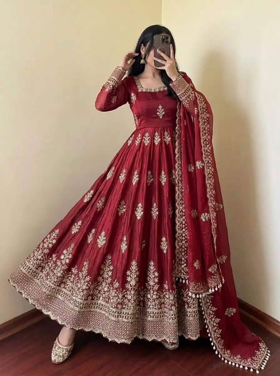 NSR 918 Maroon Fendy Silk Gown with Embroidery Work & Sequins Work. Special Price ₹2399. Delivery 4-6 Working Days. Shop now. | Gowns, Bollywood Gowns, Creative Gowns, Designer Gowns, Embroidered Gowns, Party Wear Gowns