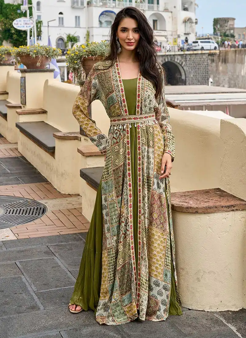 FC 20034 Mehendi Crepe Silk Shrug Suit Perfect for Wedding, Party, Festival Celebrations, Holi, Pooja – . Introductory Price ₹3049. Delivery 4-6 Working | Jump Suits, Salwar suit, Casual Suits, Creative suits, Designer Suits, Palazzo Suits, Party Wear Suits, Patiala Suits, Straight Suits