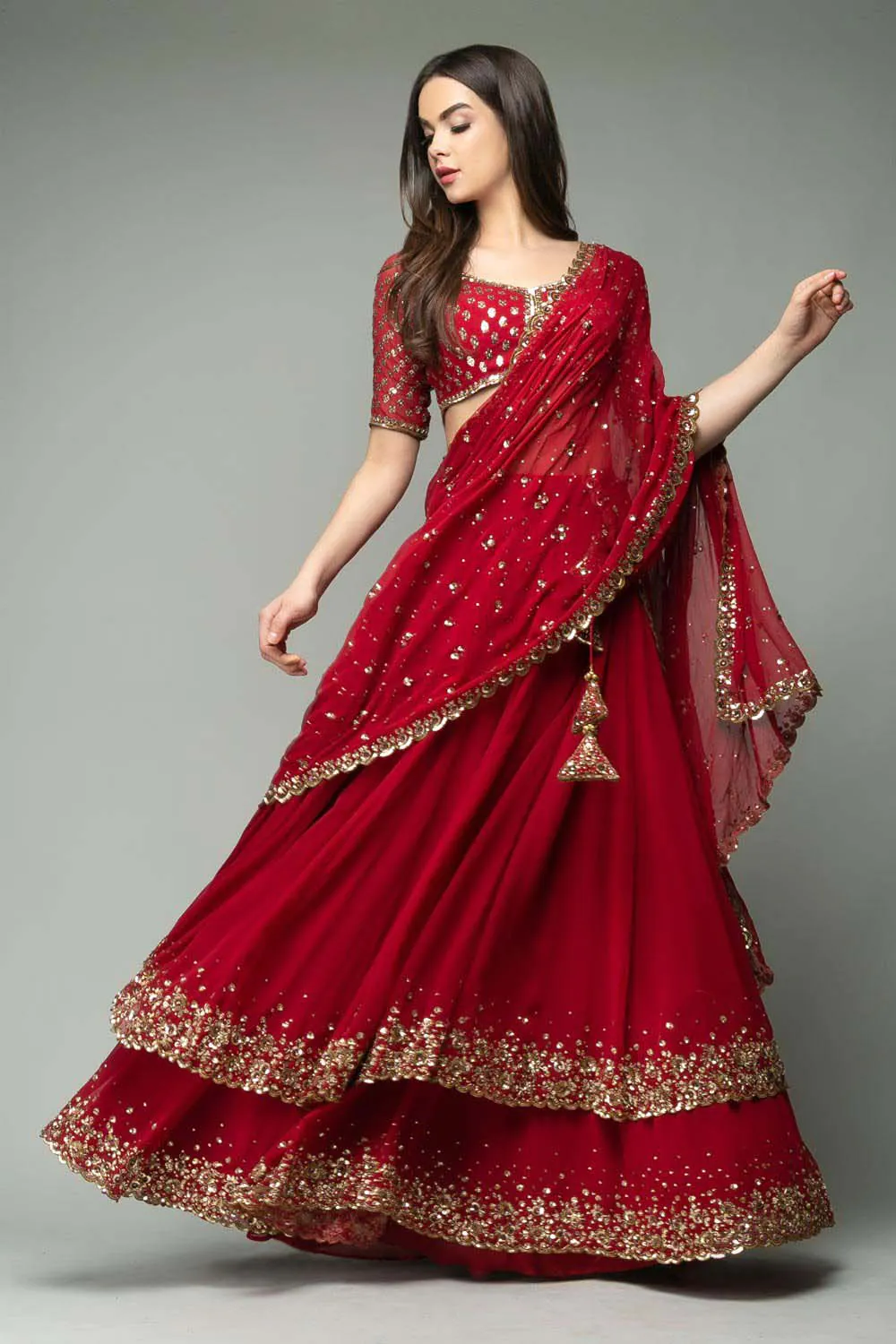 Resplendent Red Color Trendy Sequence Work Ruffle Lehenga Choli