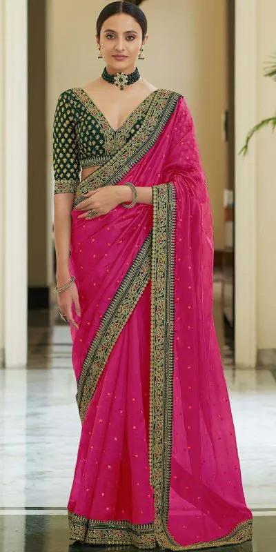 Dazzling Pink Color Heavy Border Vichitra Silk Wedding Saree