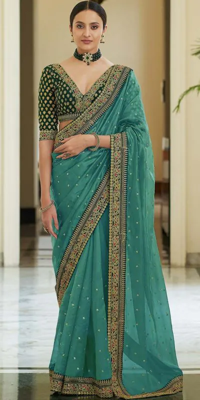 Dazzling Sea Green Color Heavy Border Vichitra Silk Wedding Saree