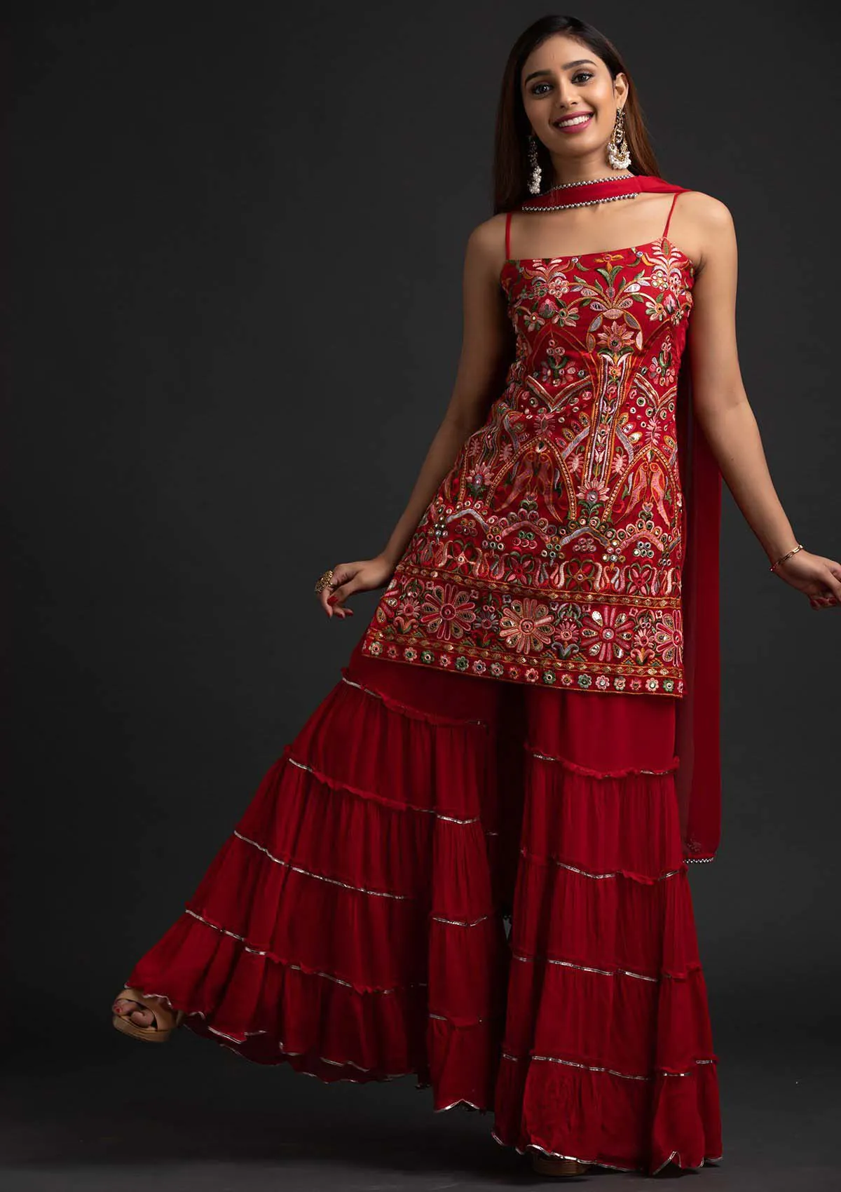 Magnificent Red Colour Georgette With Real Mirror Work Sharara - Image 2