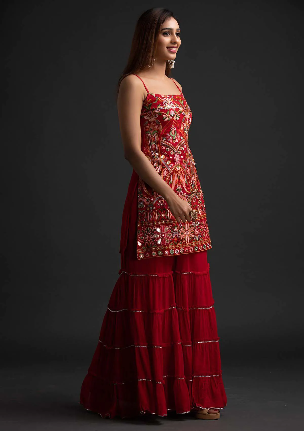 Magnificent Red Colour Georgette With Real Mirror Work Sharara - Image 3