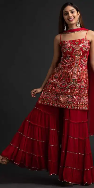NSR 1301 Red Top : Georgette Work : Heavy Embroidery With Real Mirror Work Sharara : Georgette Wedding, Party, Festive, Events @1849/- | Casual Suits, Salwar suit, Creative suits, Designer Suits, Palazzo Suits, Party Wear Suits, Straight Suits