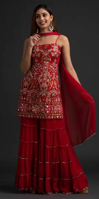 NSR 1301 Red Top : Georgette Work : Heavy Embroidery With Real Mirror Work Sharara : Georgette Wedding, Party, Festive, Events @1849/- | Casual Suits, Salwar suit, Creative suits, Designer Suits, Palazzo Suits, Party Wear Suits, Straight Suits