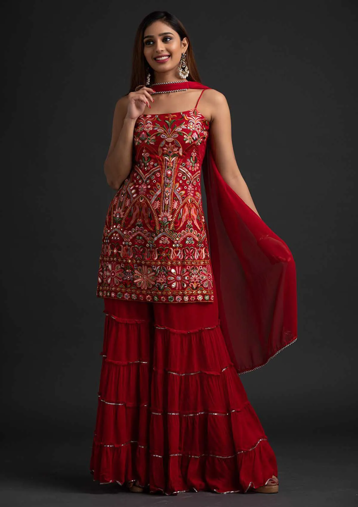 Magnificent Red Colour Georgette With Real Mirror Work Sharara