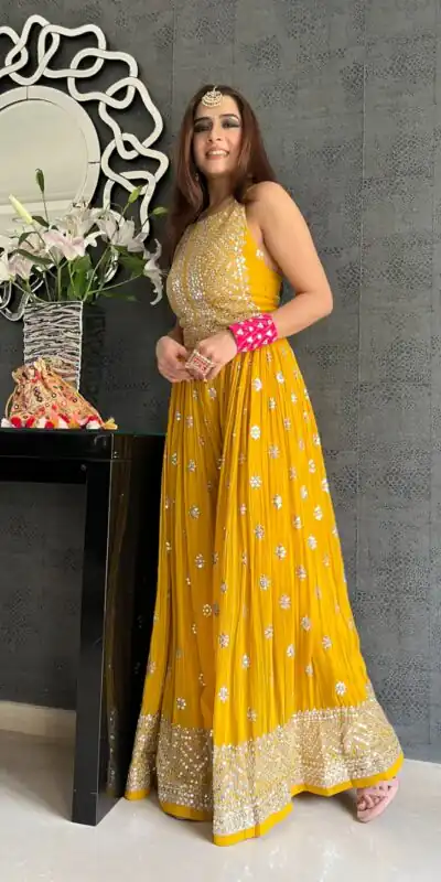 NSR 555 Yellow Jumpsuit : Heavy Faux Georgette Work : Heavy Embroidery With Sequin Work Flair : Each Leg 1.5 M Casual, Party @1699/- | Jump Suits, Salwar suit, Casual Suits, Creative suits, Designer Suits, Palazzo Suits, Party Wear Suits, Straight Suits