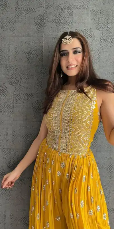 NSR 555 Yellow Jumpsuit : Heavy Faux Georgette Work : Heavy Embroidery With Sequin Work Flair : Each Leg 1.5 M Casual, Party @1699/- | Jump Suits, Salwar suit, Casual Suits, Creative suits, Designer Suits, Palazzo Suits, Party Wear Suits, Straight Suits