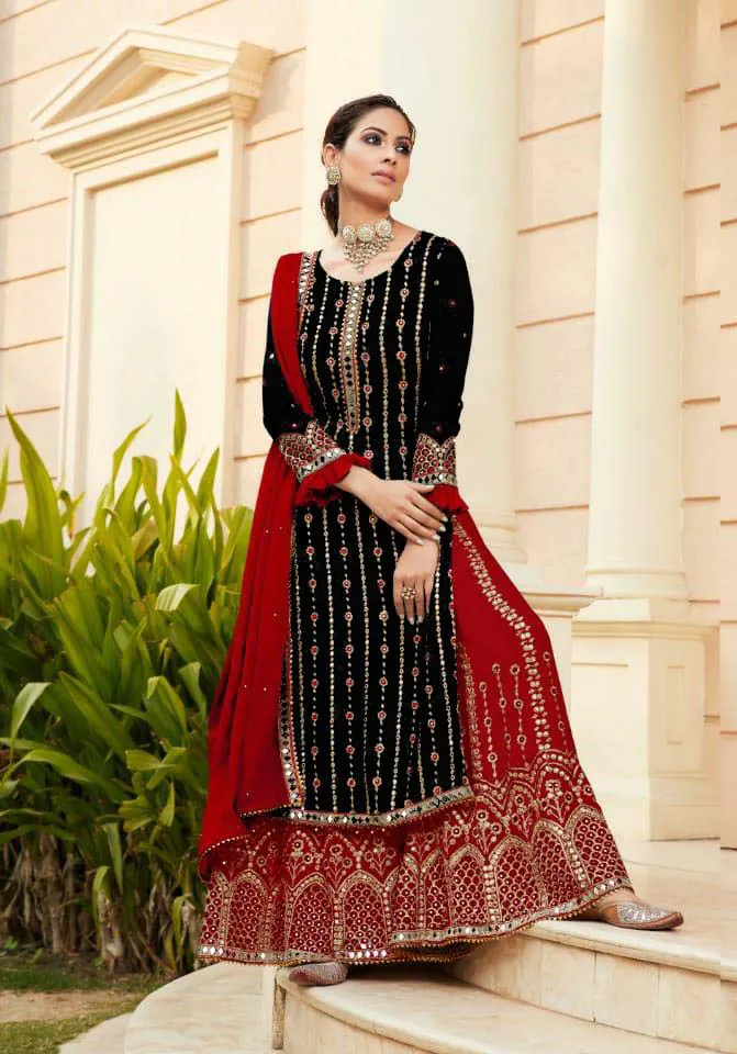 Black Georgette Embroidered Sharara Suit With Real Mirror Work