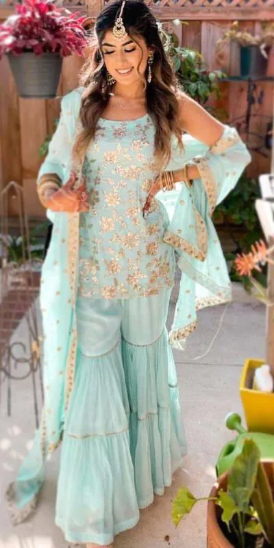 Look Beautiful Sky Blue Color Embroidery Sequins Work Sharara Suit