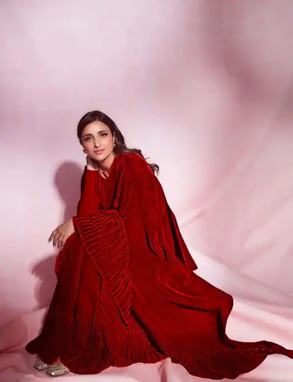 Parineeti Chopra Dazzles In Red Color Party Wear Pleated Saree