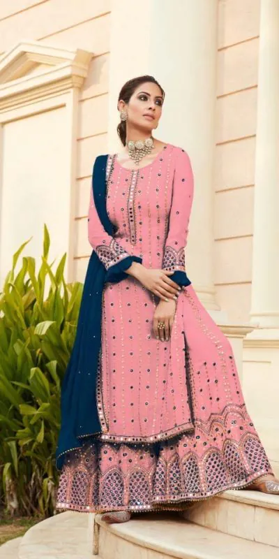 Pink Blue Georgette Embroidered Sharara Suit With Real Mirror Work