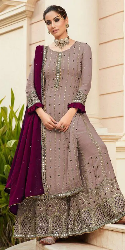 Pink Wine Georgette Embroidered Sharara Suit With Real Mirror Work