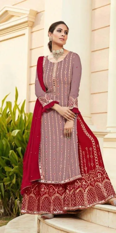 Red Georgette Embroidered Sharara Suit With Real Mirror Work